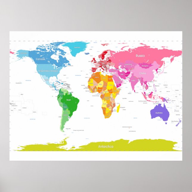 Poster Carte du monde des continents (Devant)