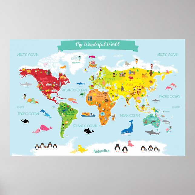 Poster Carte du monde des enfants brillants avec illustra (Devant)