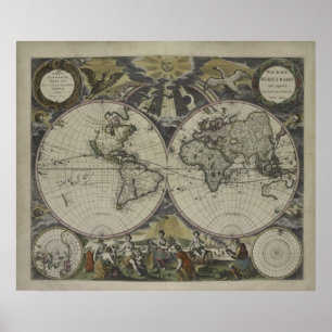 Poster Carte du monde double hémisphère   1672