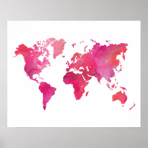 Poster Carte du monde en aquarelle rose