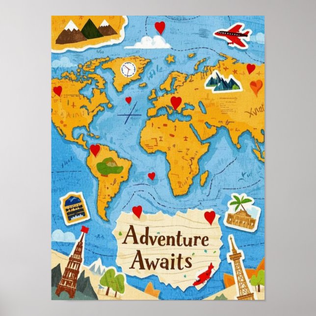 Poster Carte du monde Épingles à cœur L'aventure vous att (Devant)