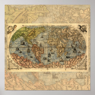 Poster Carte du monde Forlani Antiquev 1565 Renaissance