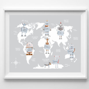 Poster Carte du Monde Garçons Impression, Art Robot Chamb