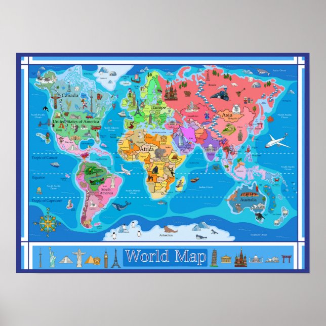Poster Carte du monde illustrée des petits enfants - 21.3 (Devant)