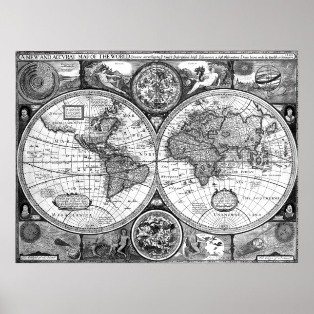 Poster Carte du monde noir et blanc (1626) (Devant)