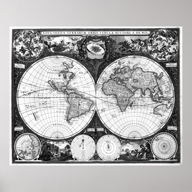 Poster Carte du monde noir et blanc (1665) (Devant)