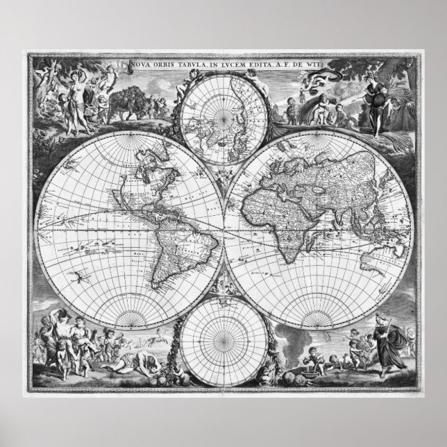 Poster Carte du monde noir et blanc (1670) (Devant)