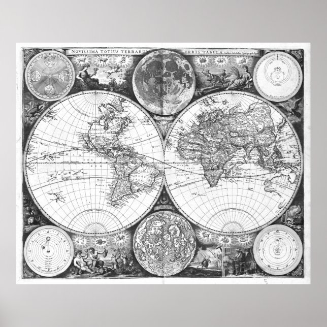 Poster Carte du monde noir et blanc (1672) (Devant)