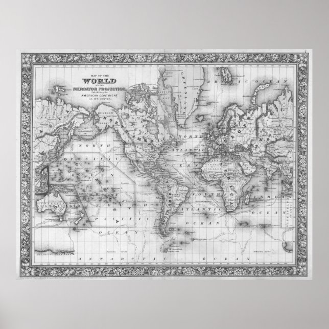 Poster Carte du monde noir et blanc (1864) (Devant)