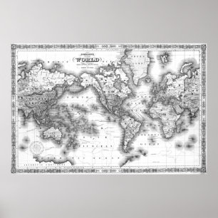 Poster Carte du monde noir et blanc (1864) 2