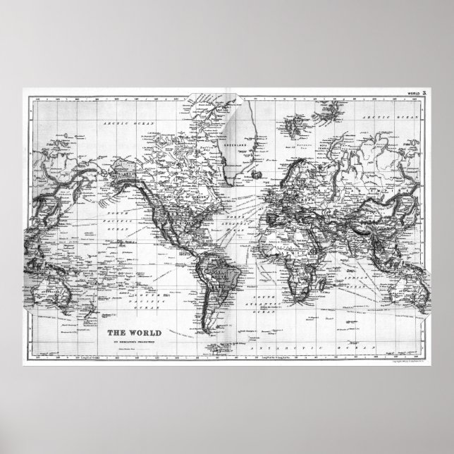 Poster Carte du monde noir et blanc (1892) (Devant)