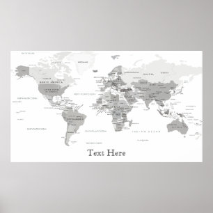 Poster Carte du monde noir et blanc personnalisée