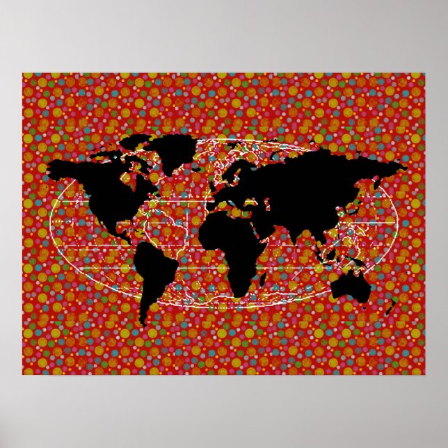 Poster carte du monde noir pois (Devant)