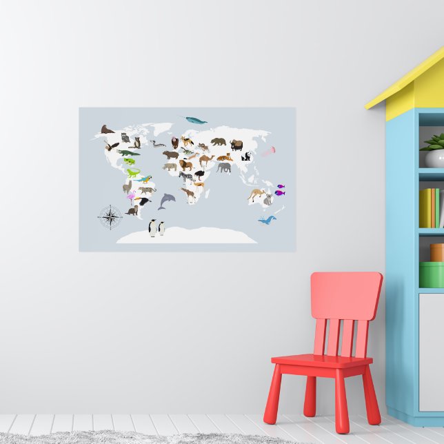 Poster Carte du monde pour enfants Animaux (Pépinière 1)