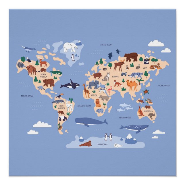 Poster carte du monde pour enfants avec animaux (Devant)