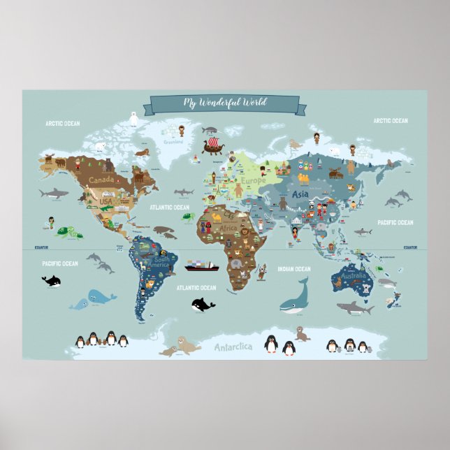 Poster Carte du monde pour enfants avec des illustrations (Devant)