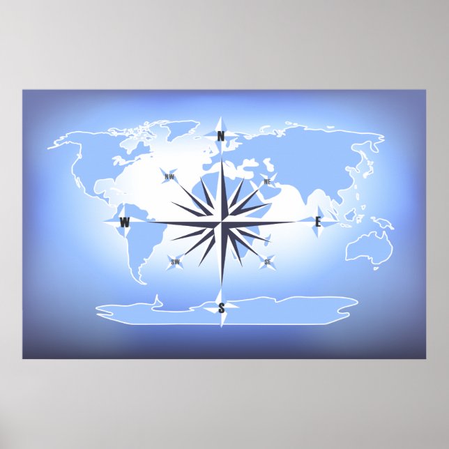 Poster Carte du monde Rose de la boussole bleue Imprimer  (Devant)