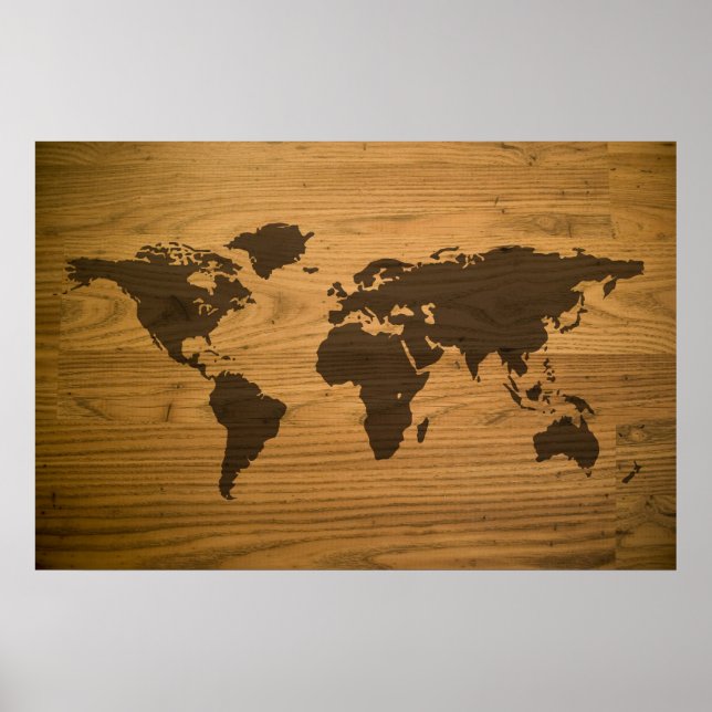 Poster Carte du monde texturé du grain de bois (Devant)