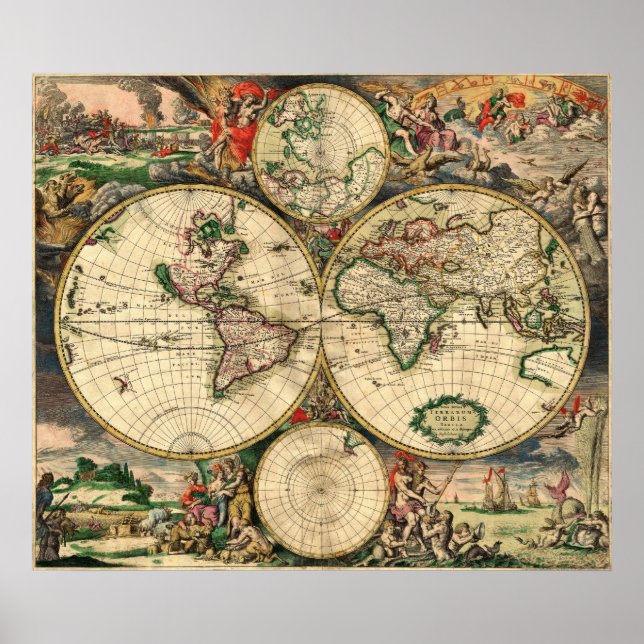 Poster Carte du monde van Schagen 1680 (Devant)