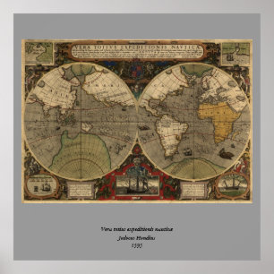 Poster Carte du monde Vintage 1595 par Jodocus Hondius