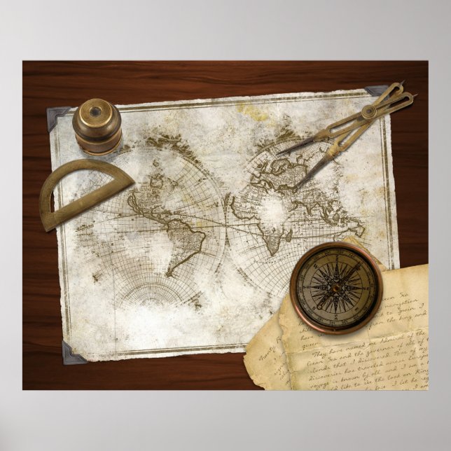 Poster Carte du monde vintage et outils (Devant)