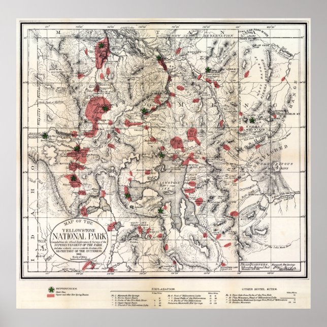 POSTER CARTE DU PARC DE YELLOWSTONE 1881 (Devant)