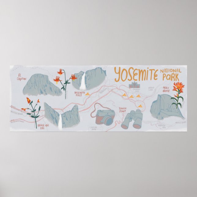 Poster Carte du parc national Yosemite Illustration Gris (Devant)