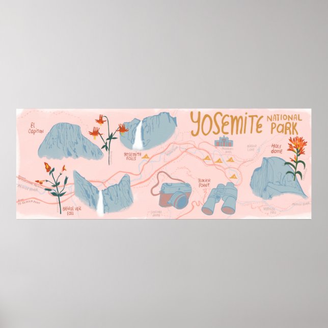 Poster Carte du parc national Yosemite Illustration rose (Devant)