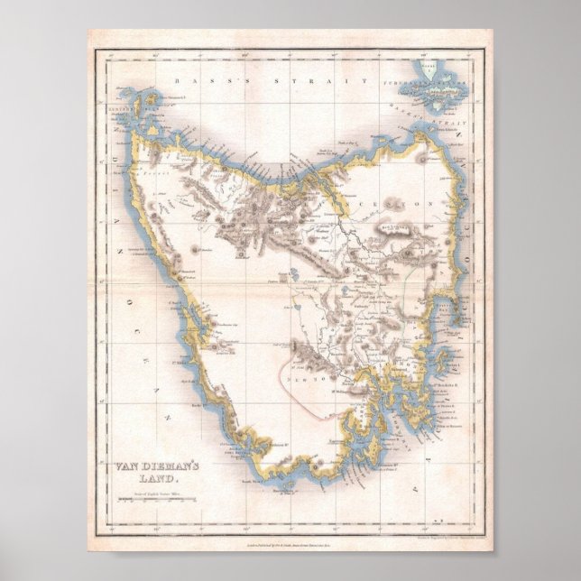 Poster Carte du pays de Van Dieman ou de la Tasmanie (Devant)