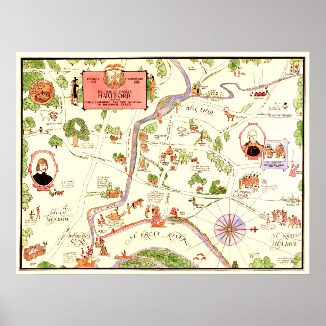 Poster Carte du pionnier Hartford, CT dans les années 160 (Devant)
