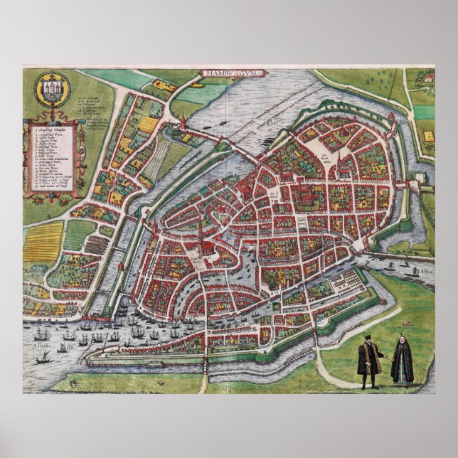 Poster Carte du plan Hamburg Allemagne 1600 (Devant)