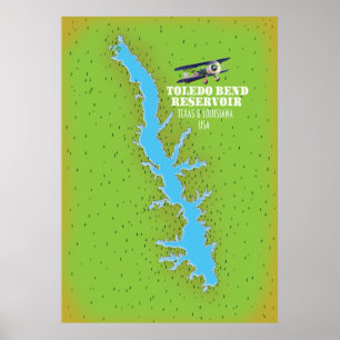 Poster Carte du réservoir Toledo Bend Texas & Louisiane