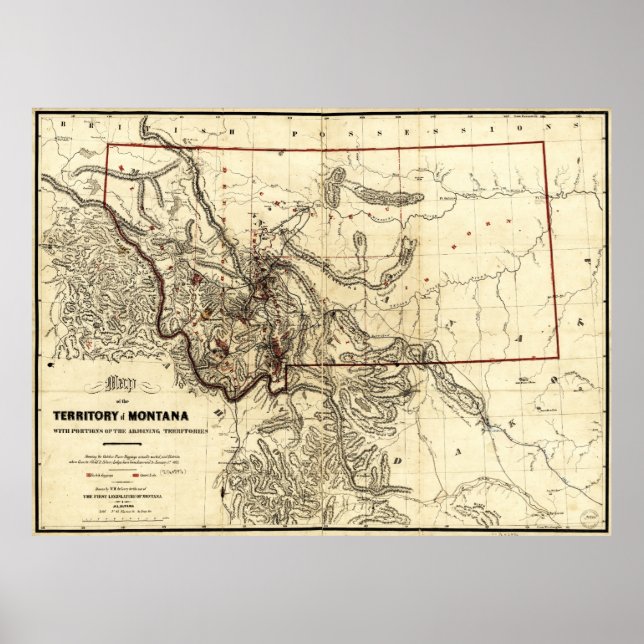 Poster Carte du territoire du Montana (1865) (Devant)