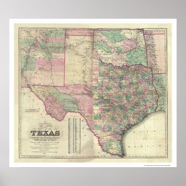 Poster Carte du territoire du Texas par Colton 1872 (Devant)