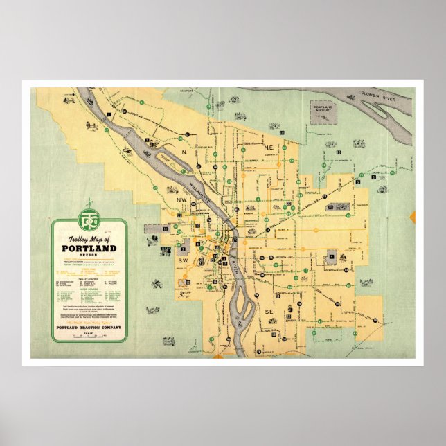 Poster Carte du tramway de Portland Oregon 1955 (Devant)