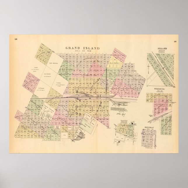 Poster Carte du Vieux Grand Island NE (1885) Nebraska Vin (Devant)