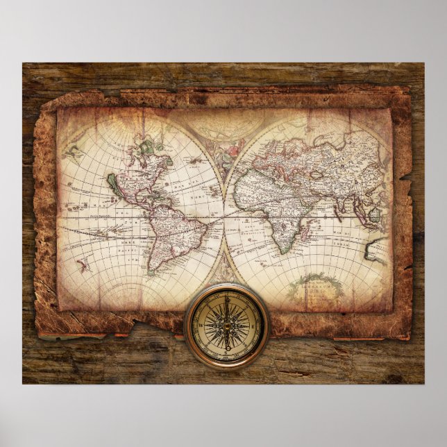 Poster Carte du Vieux Monde avec Compass (Devant)