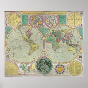 Poster Carte du Vieux Monde avec corps célestes - Antiqu