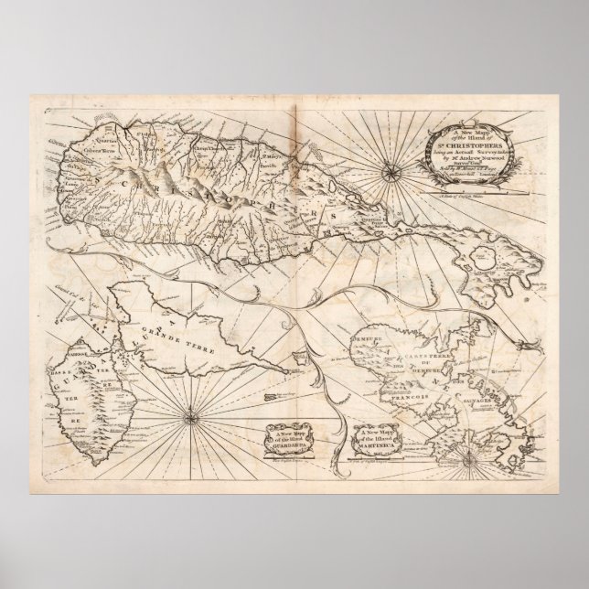 Poster Carte du Vieux-Saint-Kitts, Guadeloupe et Martiniq (Devant)