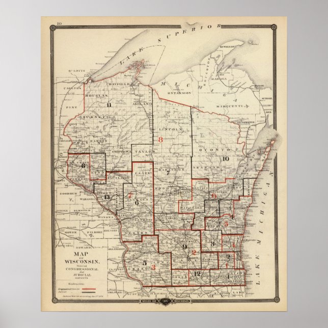 Poster Carte du Wisconsin (Devant)