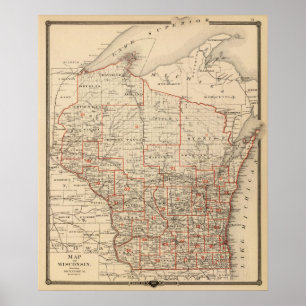 Poster Carte du Wisconsin montrant les districts sénatori