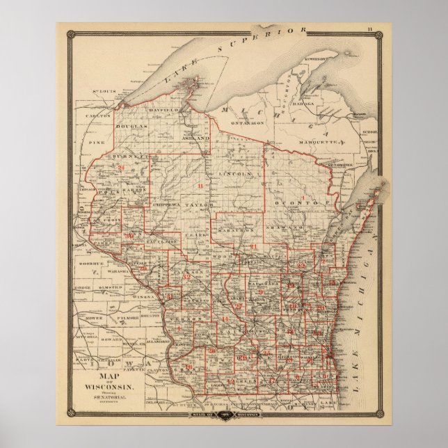 Poster Carte du Wisconsin montrant les districts sénatori (Devant)