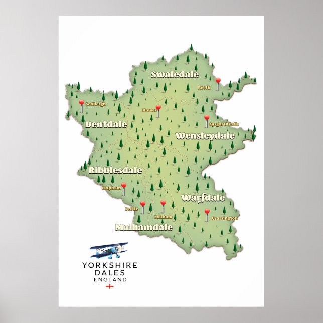 Poster Carte du Yorkshire Dales Angleterre (Devant)