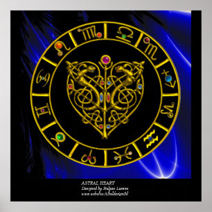 POSTER CARTE DU ZODIAQUE EN OR, CŒUR ASTRAL, NŒUDS CELTIQ