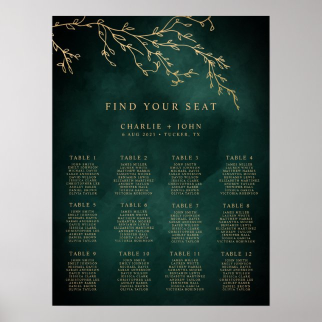 Poster Carte Emerald Green & Gold Botanical Seating Chart (Devant)