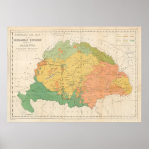 Poster Carte ethnologique de Hongrie vintage (1869)