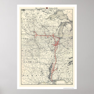 Poster Carte ferroviaire centrale de l'Illinois 1892