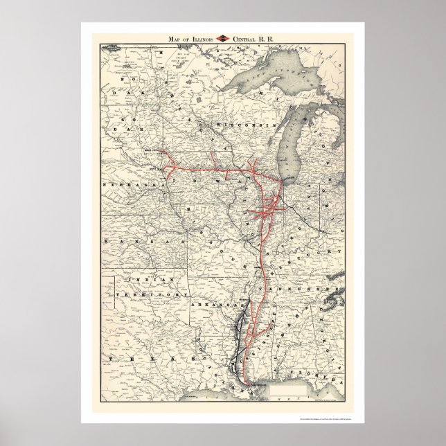 Poster Carte ferroviaire centrale de l'Illinois 1892 (Devant)
