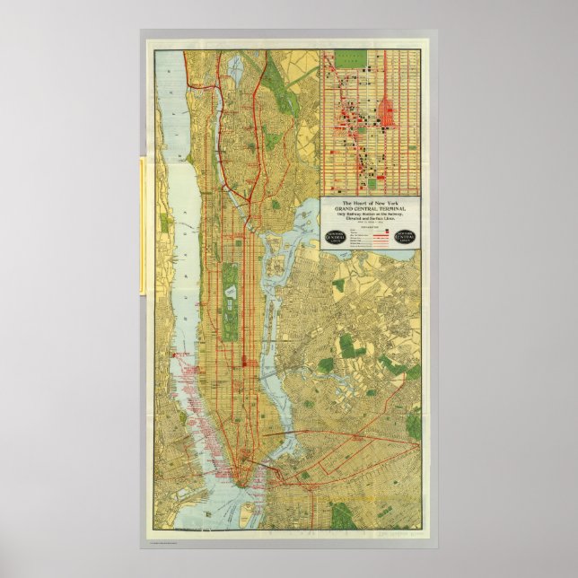 Poster Carte ferroviaire centrale de New York 1918 (Devant)