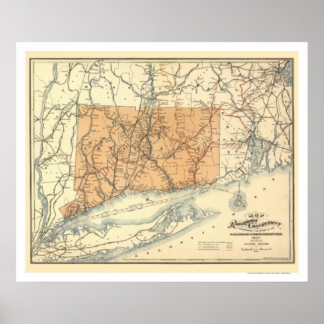 Poster Carte ferroviaire Connecticut 1893 (Devant)